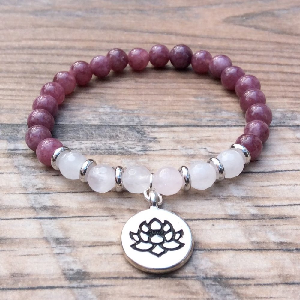 Lepidolite & Rose Quartz bracelet with Lotus charm, crystal healing